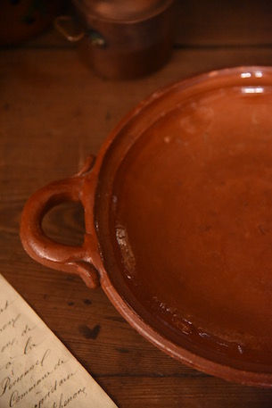 アンティーク　手持ち平鍋　陶器