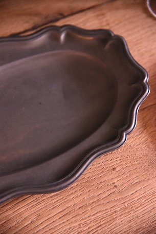 フランス アンティーク ピューター 花リム 大判 オーバルプレート 36cm